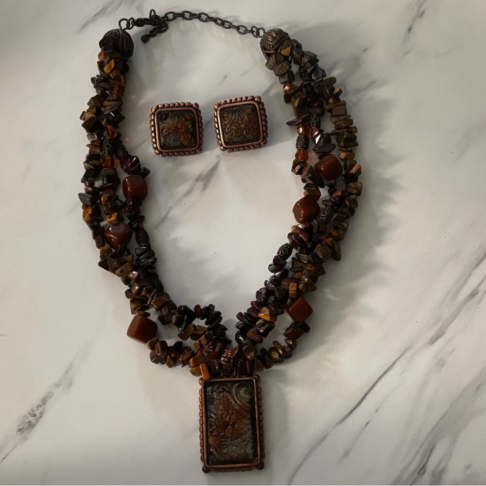 MX vintage necklace and clip on earring set fancy glass center and pendant